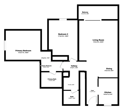 Floor plan for 2 beds, 2 baths, 940 sqft